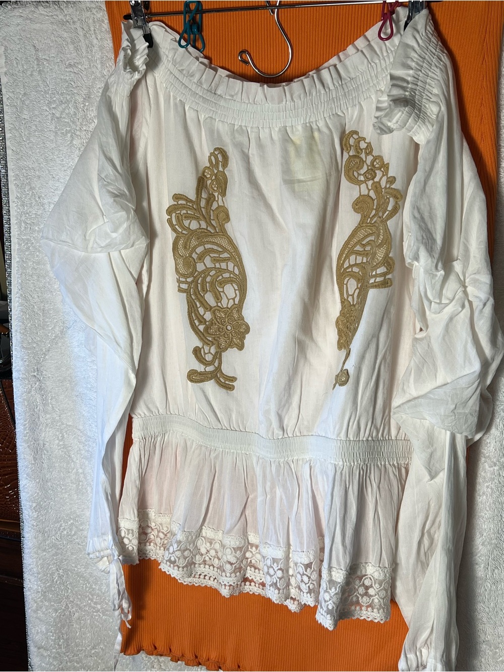 CDC White Peasant Tunic with Gold Lace Appliqué